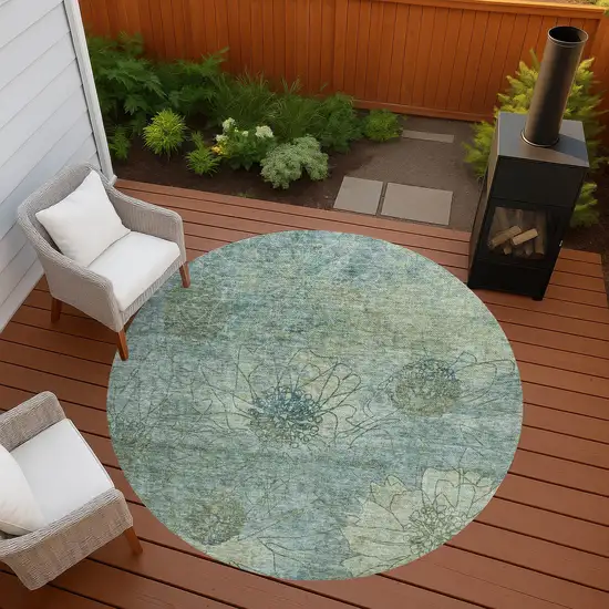 8' Pale Aqua And Wheat Round Floral Washable Indoor Outdoor Area Rug Photo 9