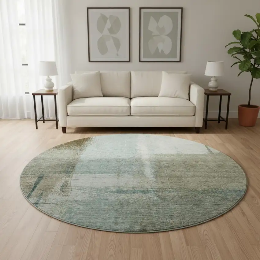 8' Pale Aqua Beige And Ivory Abstract Washable Round Rug With UV Protection Photo 2