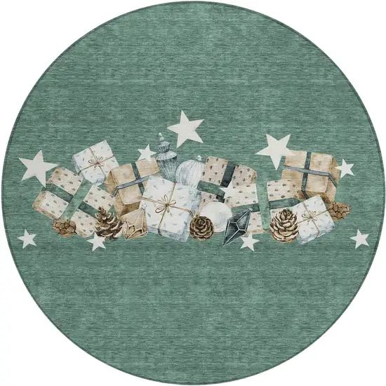 8' Pale Aqua Beige Ivory And Taupe Round Presents Washable Indoor Outdoor Area Rug Photo 2