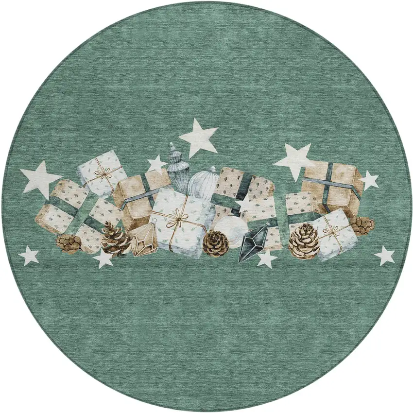 8' Pale Aqua Beige Ivory And Taupe Round Presents Washable Indoor Outdoor Area Rug Photo 2