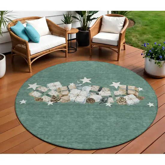 8' Pale Aqua Beige Ivory And Taupe Round Presents Washable Indoor Outdoor Area Rug Photo 1