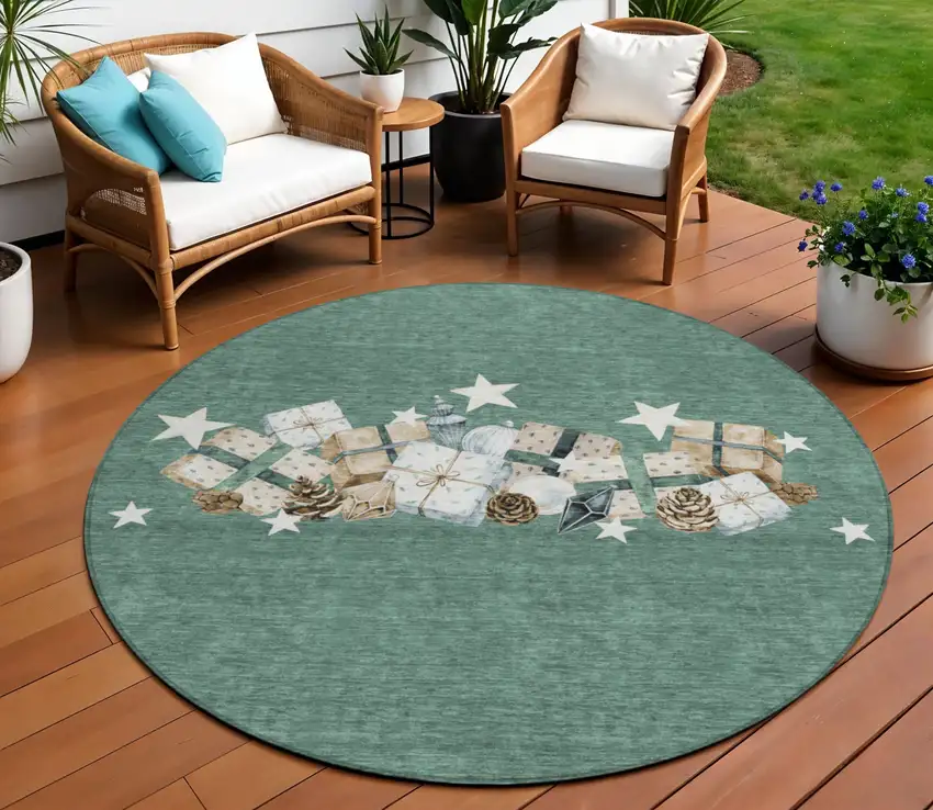 8' Pale Aqua Beige Ivory And Taupe Round Presents Washable Indoor Outdoor Area Rug Photo 1