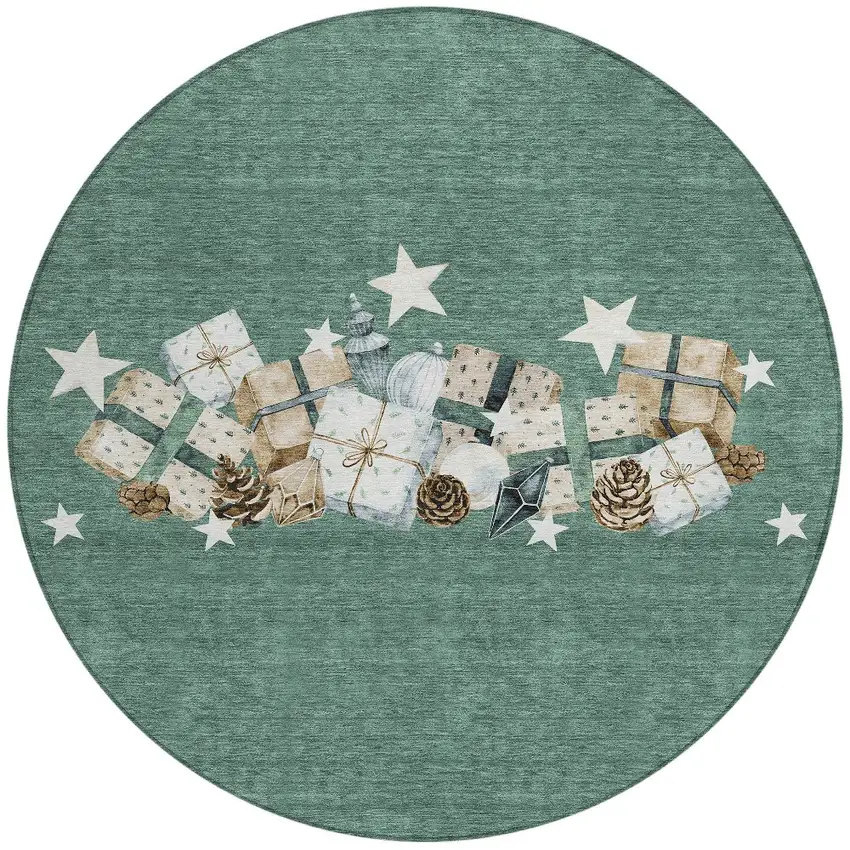 8' Pale Aqua Beige Ivory And Taupe Round Presents Washable Indoor Outdoor Area Rug Photo 3