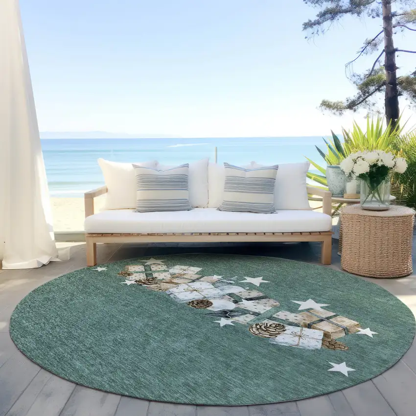 8' Pale Aqua Beige Ivory And Taupe Round Geometric Washable Indoor Outdoor Area Rug Photo 5