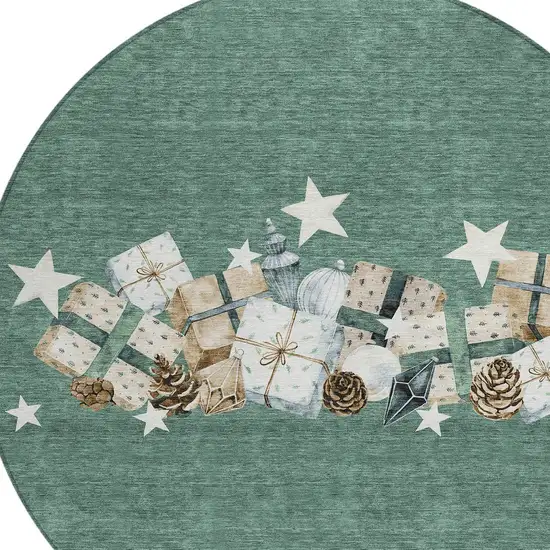 8' Pale Aqua Beige Ivory And Taupe Round Presents Washable Indoor Outdoor Area Rug Photo 6