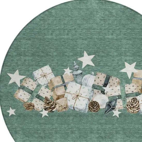 8' Pale Aqua Beige Ivory And Taupe Round Presents Washable Indoor Outdoor Area Rug Photo 4