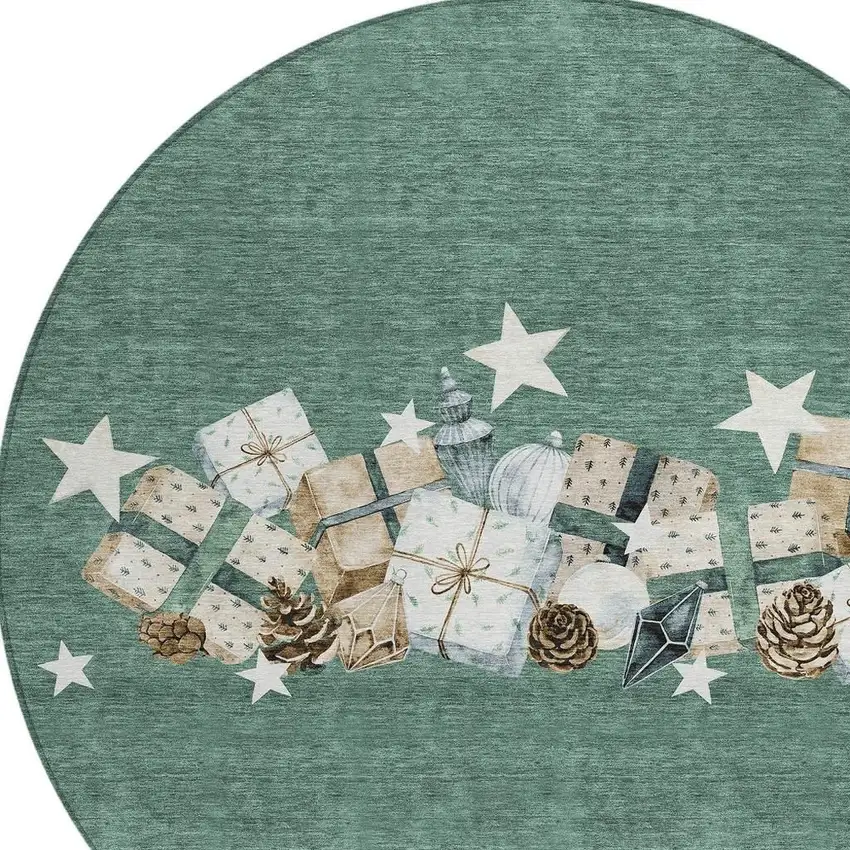 8' Pale Aqua Beige Ivory And Taupe Round Presents Washable Indoor Outdoor Area Rug Photo 4