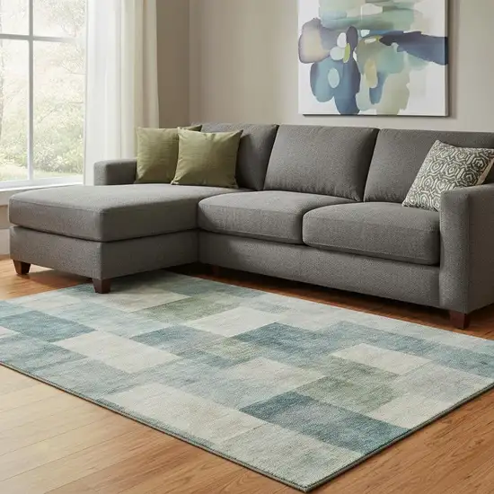 8' Pale Aqua Blue And Ivory Geometric Washable Area Rug With UV Protection Photo 2