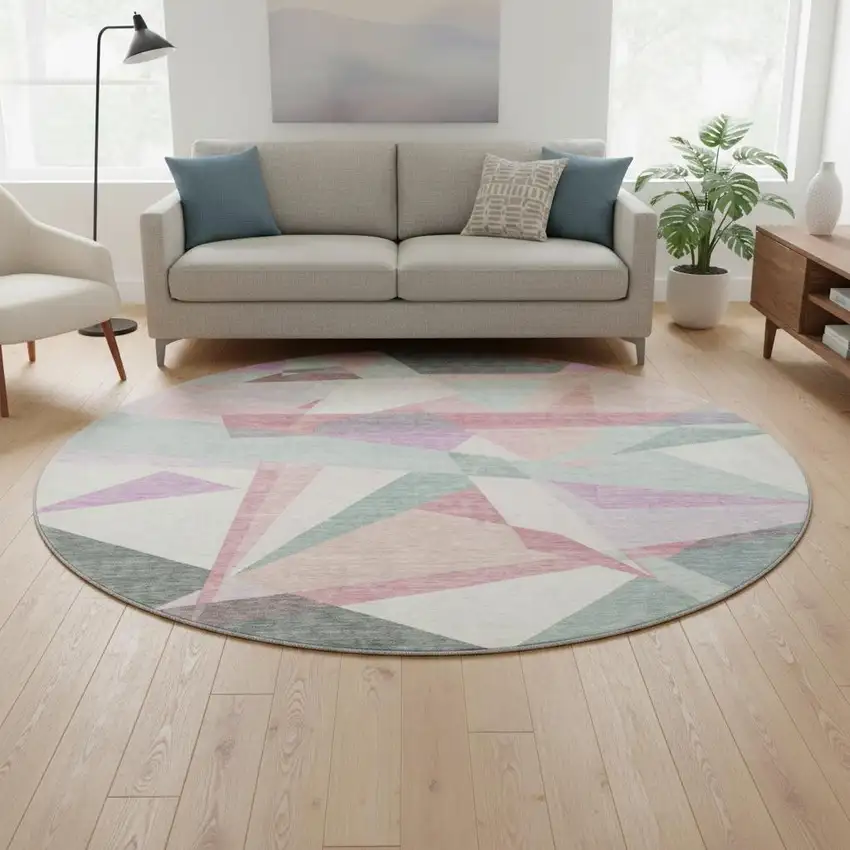 8' Pale Aqua Blush And Sage Geometric Washable Round Rug With UV Protection Photo 2