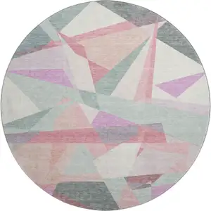 Photo of 8' Pale Aqua Blush And Sage Geometric Washable Round Rug With UV Protection