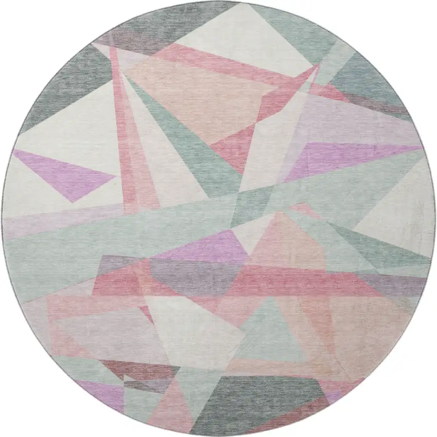8' Pale Aqua Blush And Sage Geometric Washable Round Rug With UV Protection Photo 3