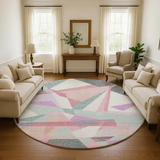 8' Pale Aqua Blush And Sage Geometric Washable Round Rug With UV Protection Photo 4