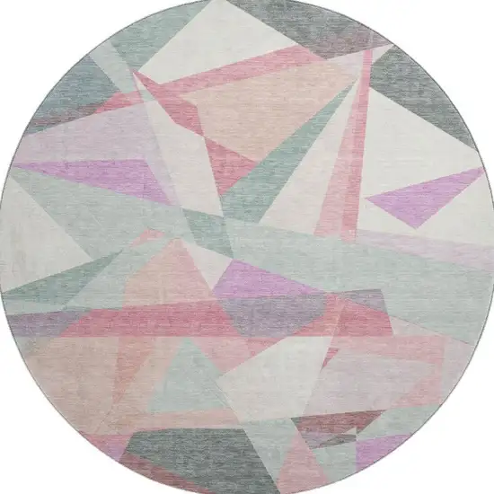 8' Pale Aqua Blush And Sage Geometric Washable Round Rug With UV Protection Photo 2
