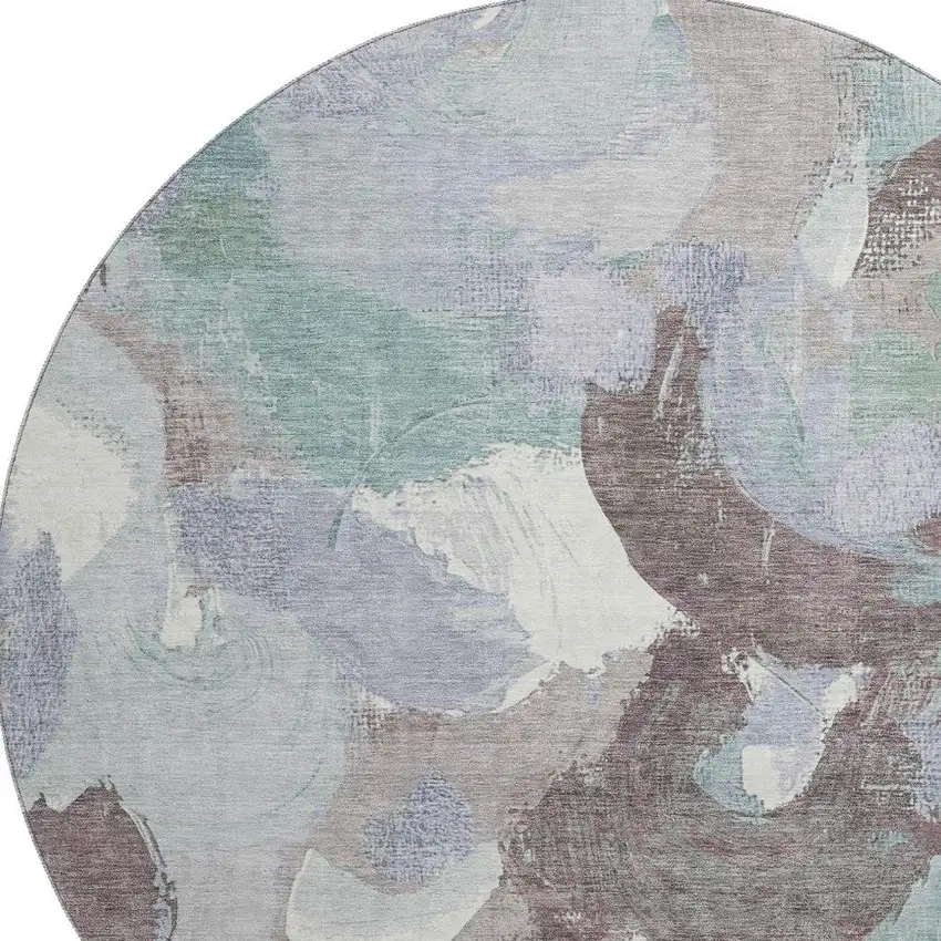 8' Pale Aqua Brown And Ivory Abstract Washable Round Rug With UV Protection Photo 3