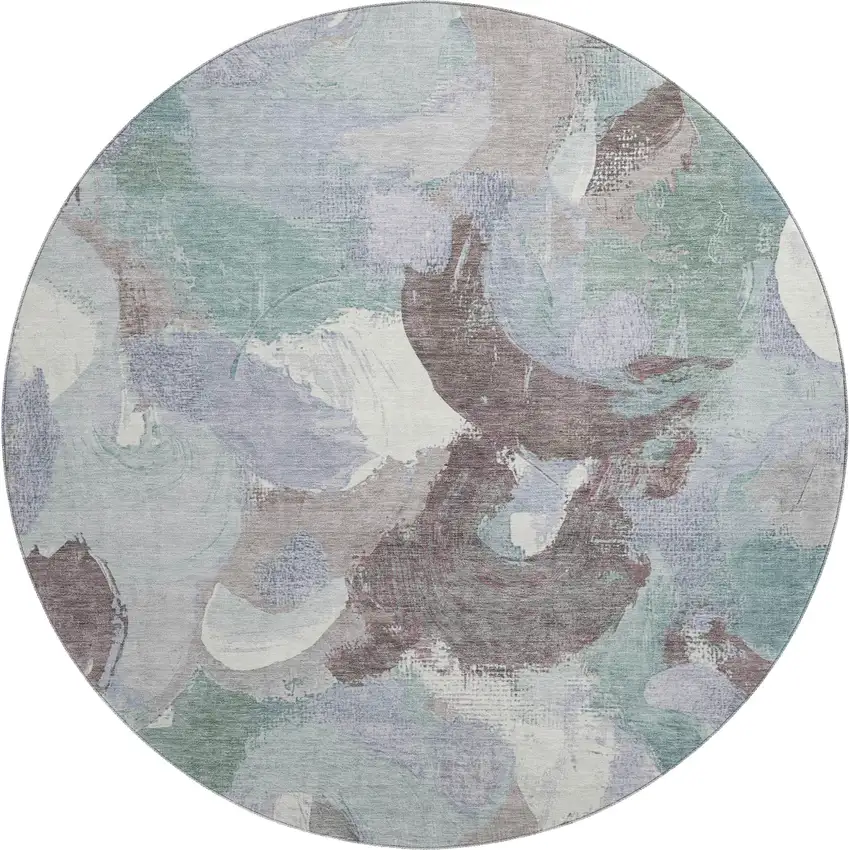 8' Pale Aqua Brown And Ivory Abstract Washable Round Rug With UV Protection Photo 1