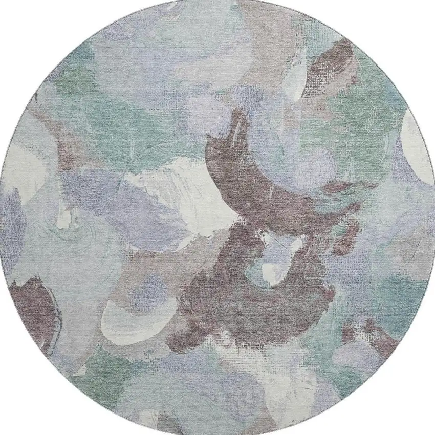 8' Pale Aqua Brown And Ivory Abstract Washable Round Rug With UV Protection Photo 4
