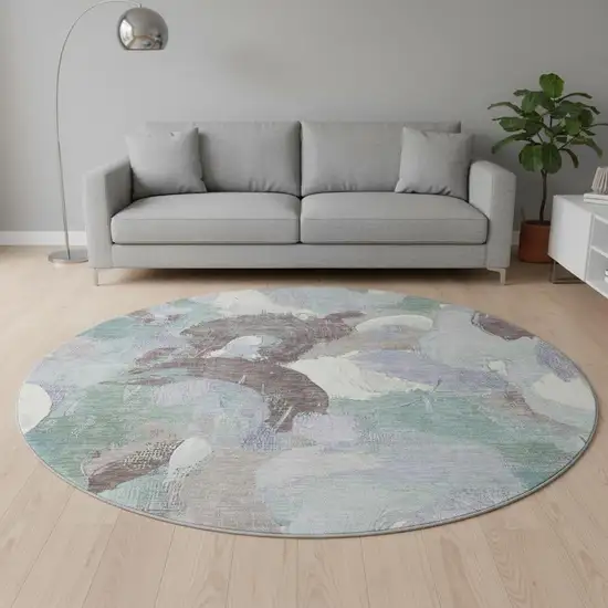 8' Pale Aqua Brown And Ivory Abstract Washable Round Rug With UV Protection Photo 2