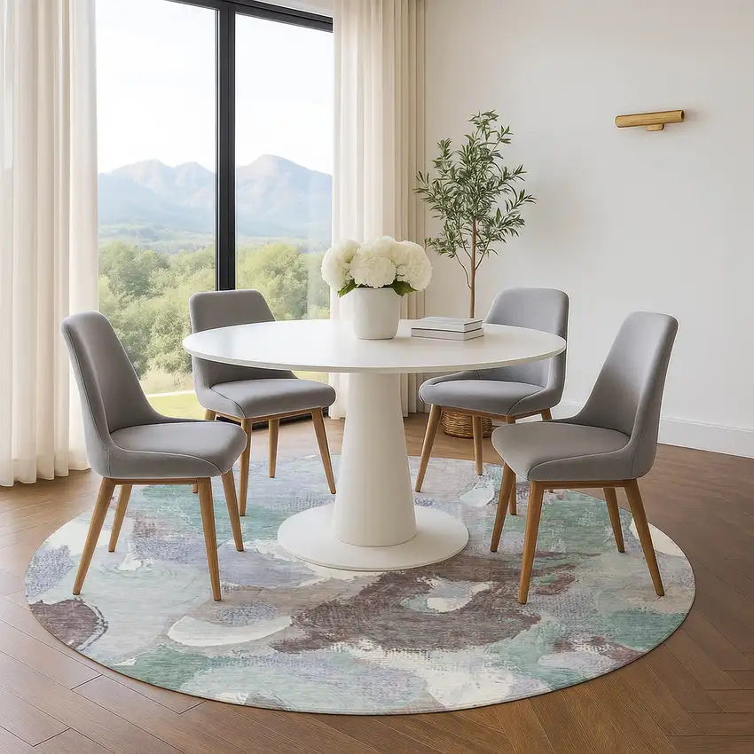 8' Pale Aqua Brown And Ivory Abstract Washable Round Rug With UV Protection Photo 5