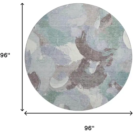 8' Pale Aqua Brown And Ivory Abstract Washable Round Rug With UV Protection Photo 9