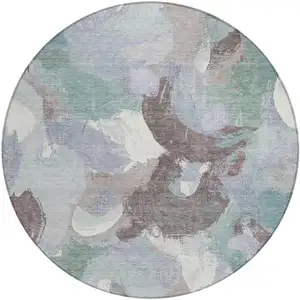 Photo of 8' Pale Aqua Brown And Ivory Round Abstract Washable Indoor Outdoor Area Rug