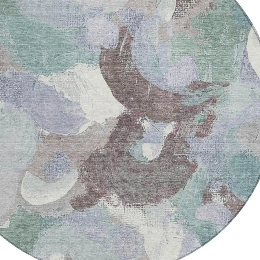 8' Pale Aqua Brown And Ivory Round Abstract Washable Indoor Outdoor Area Rug Photo 4