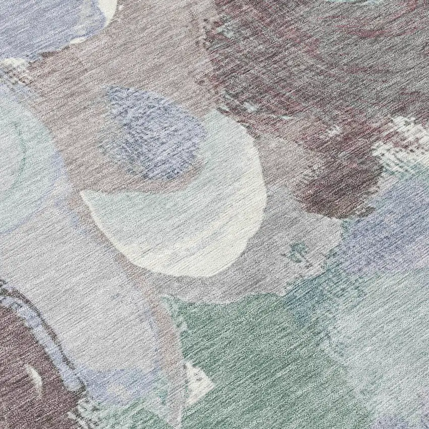 8' Pale Aqua Brown And Ivory Round Abstract Washable Indoor Outdoor Area Rug Photo 9