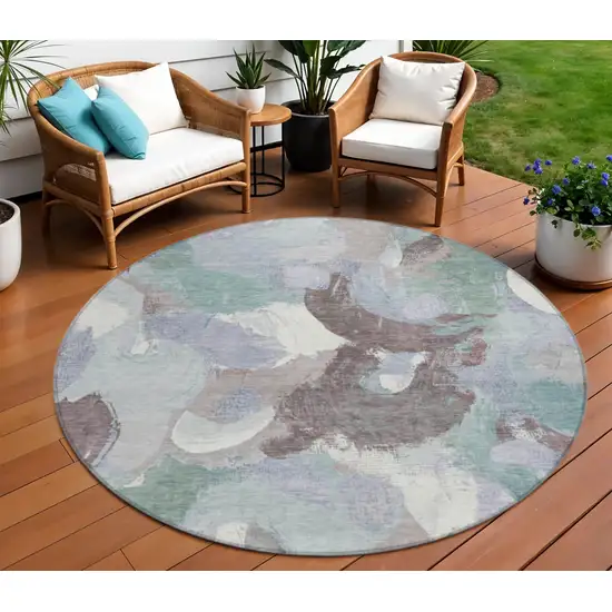 8' Pale Aqua Brown And Ivory Round Abstract Washable Indoor Outdoor Area Rug Photo 2