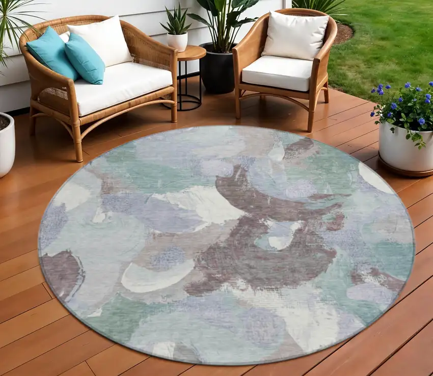 8' Pale Aqua Brown And Ivory Round Abstract Washable Indoor Outdoor Area Rug Photo 2