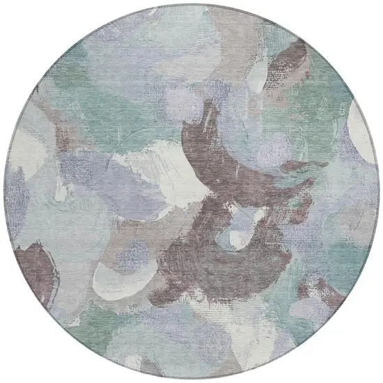 8' Pale Aqua Brown And Ivory Round Abstract Washable Indoor Outdoor Area Rug Photo 3