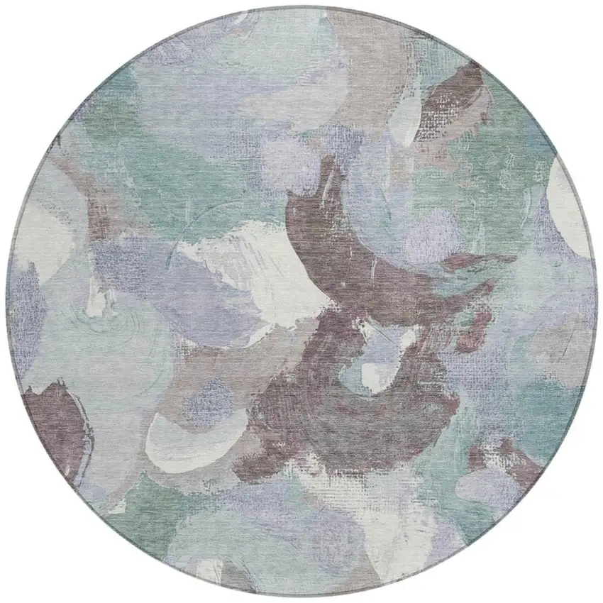 8' Pale Aqua Brown And Ivory Round Abstract Washable Indoor Outdoor Area Rug Photo 3