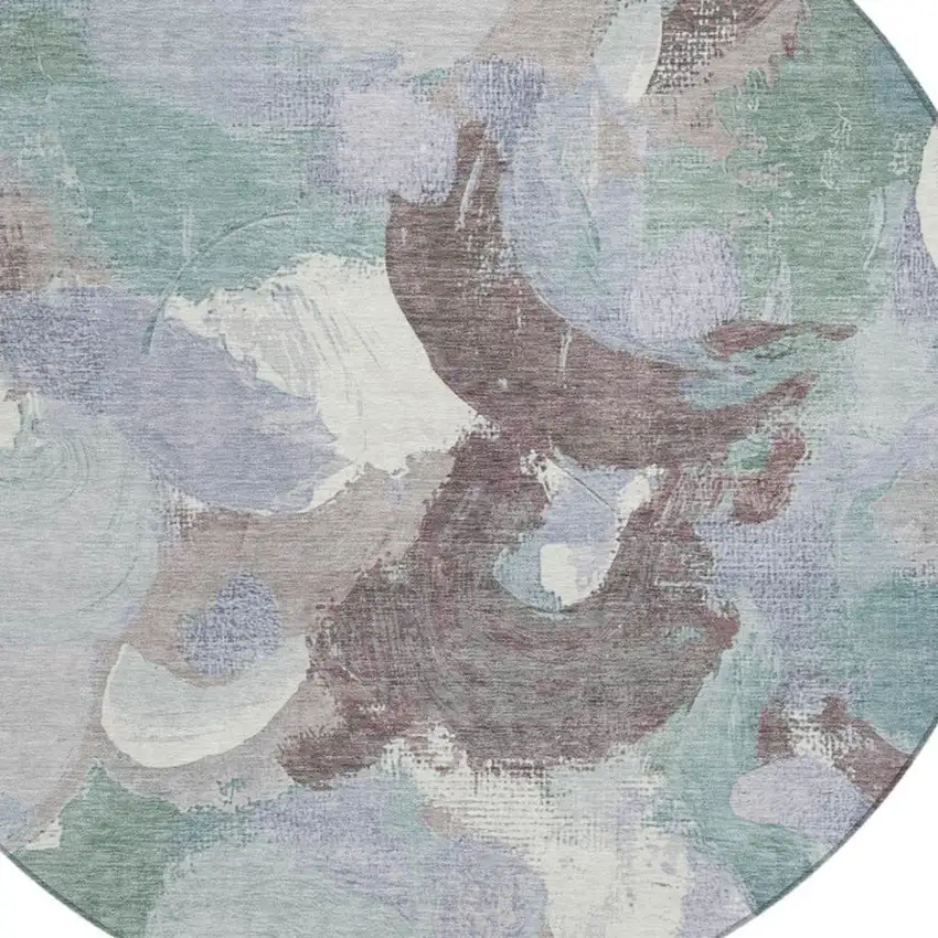 8' Pale Aqua Brown And Ivory Round Abstract Washable Indoor Outdoor Area Rug Photo 8