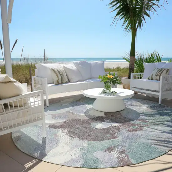 8' Pale Aqua Brown And Ivory Round Abstract Washable Indoor Outdoor Area Rug Photo 5