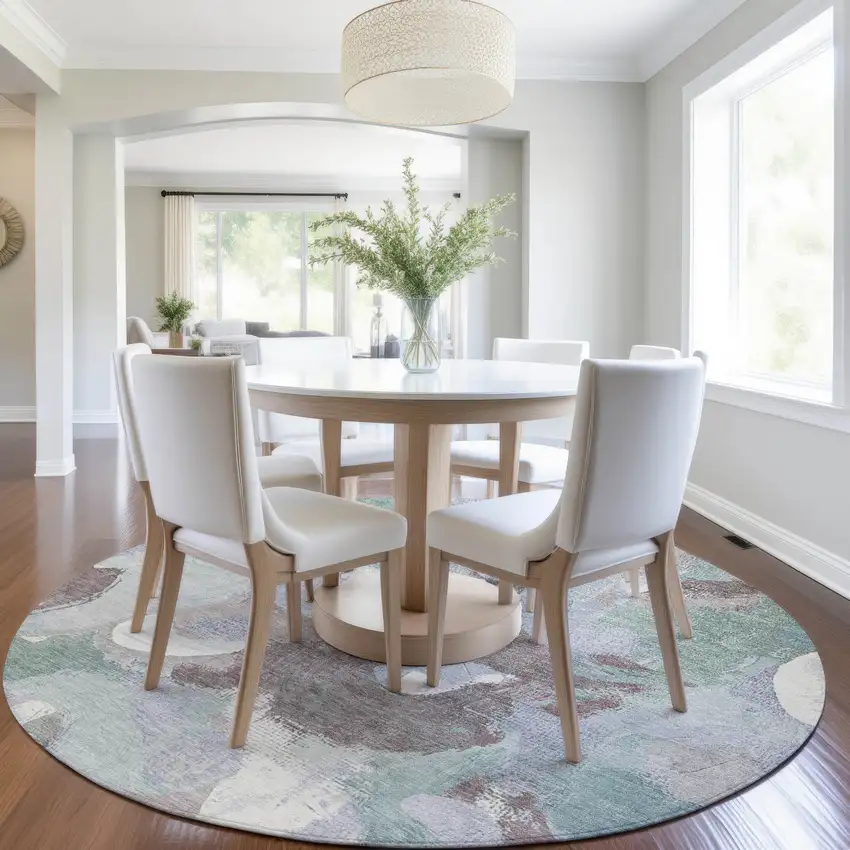 8' Pale Aqua Brown And Ivory Round Abstract Washable Indoor Outdoor Area Rug Photo 6