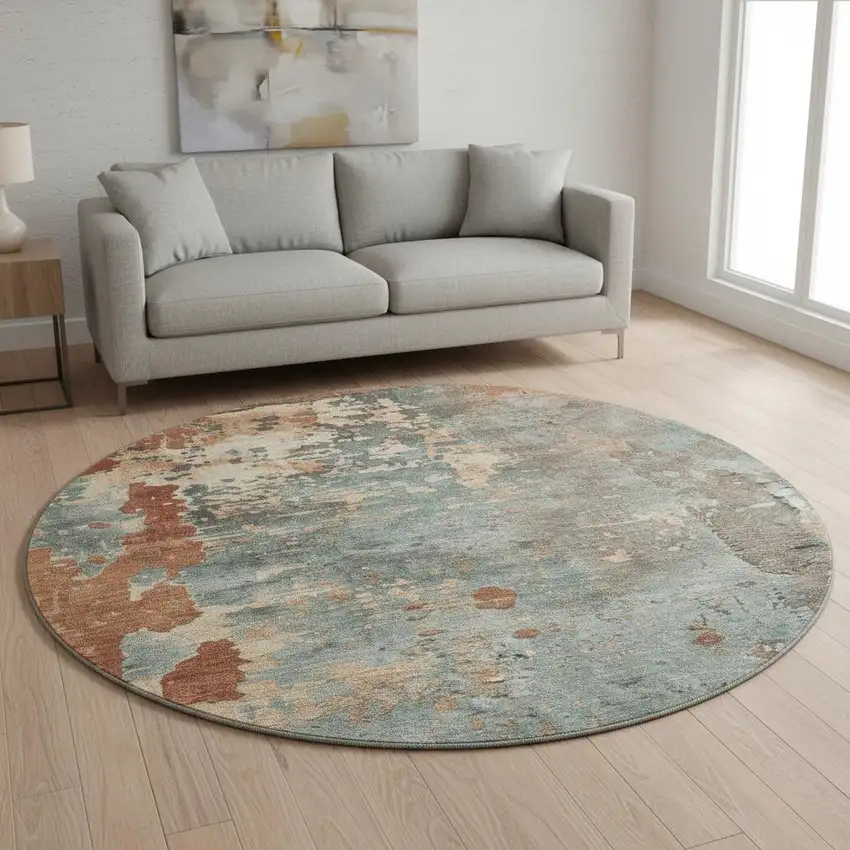 8' Pale Aqua Copper And Beige Abstract Washable Round Rug With UV Protection Photo 2