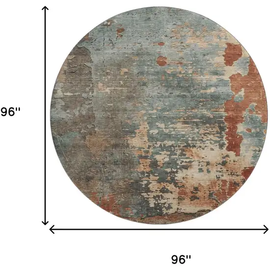 8' Pale Aqua Copper And Beige Abstract Washable Round Rug With UV Protection Photo 9