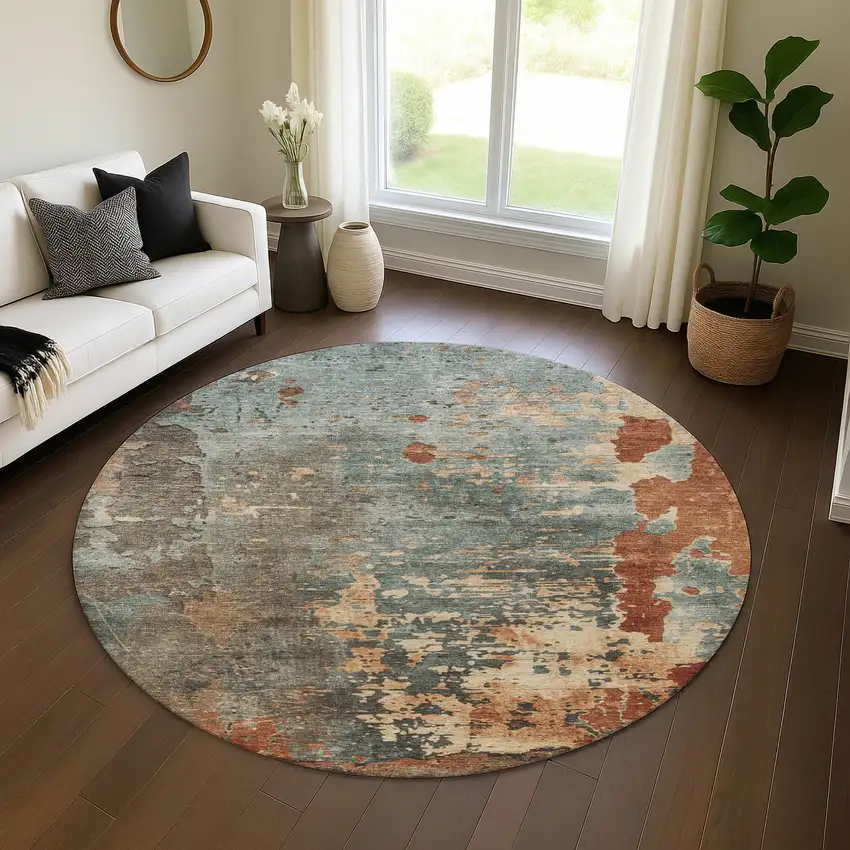 8' Pale Aqua Copper And Beige Abstract Washable Round Rug With UV Protection Photo 4