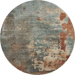 Photo of 8' Pale Aqua Copper And Beige Abstract Washable Round Rug With UV Protection