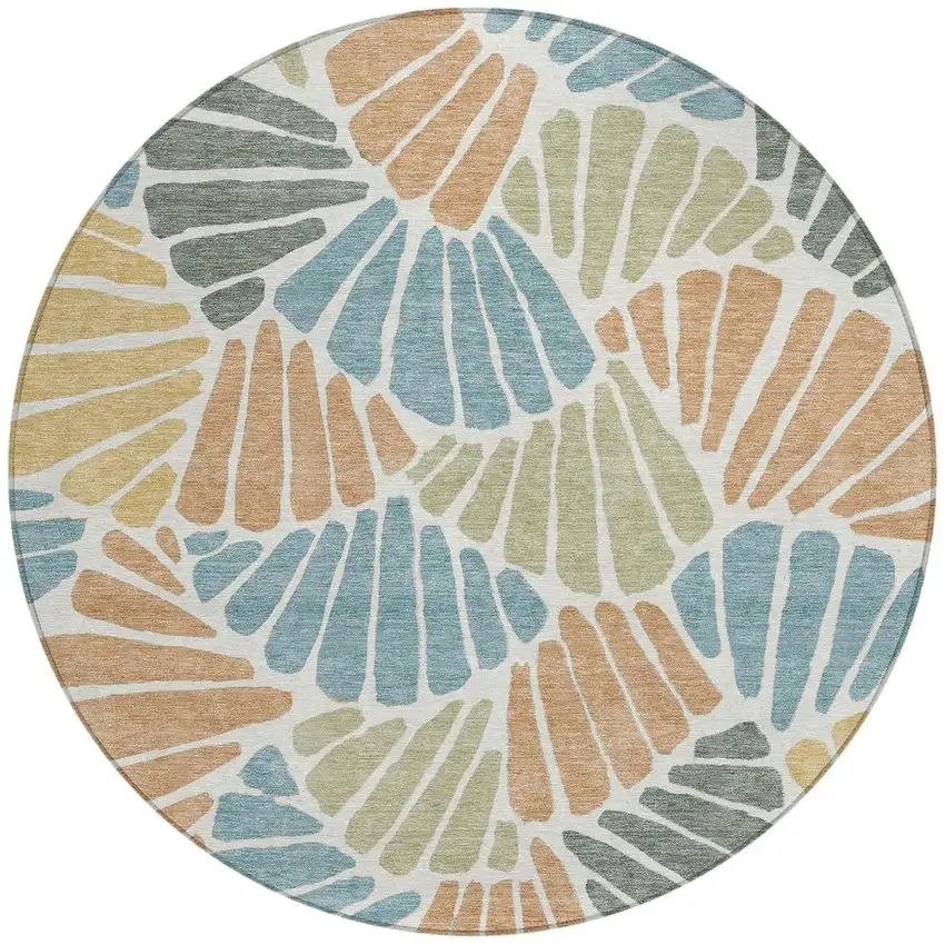 8' Pale Aqua Copper And Gold Round Floral Washable Indoor Outdoor Area Rug Photo 3