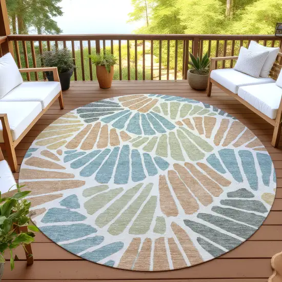 8' Pale Aqua Copper And Gold Round Floral Washable Indoor Outdoor Area Rug Photo 4