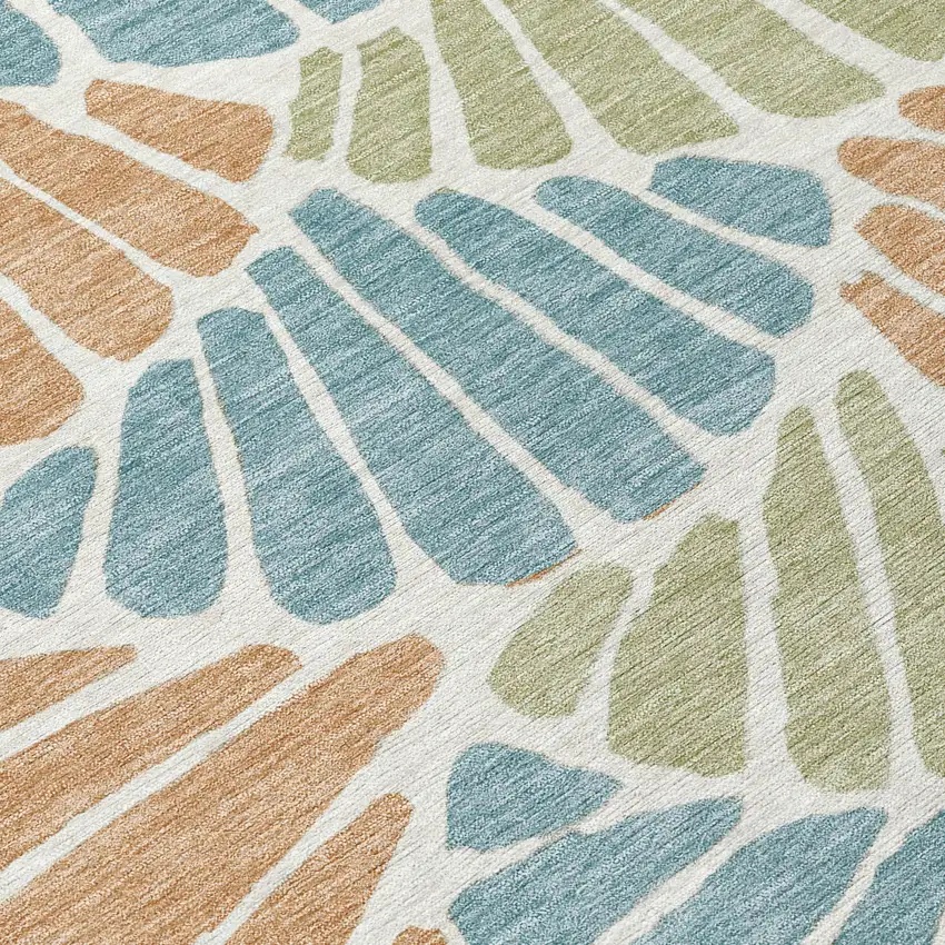 8' Pale Aqua Copper And Gold Round Floral Washable Indoor Outdoor Area Rug Photo 9