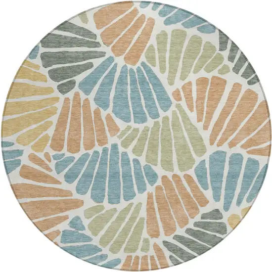 8' Pale Aqua Copper And Gold Round Floral Washable Indoor Outdoor Area Rug Photo 1