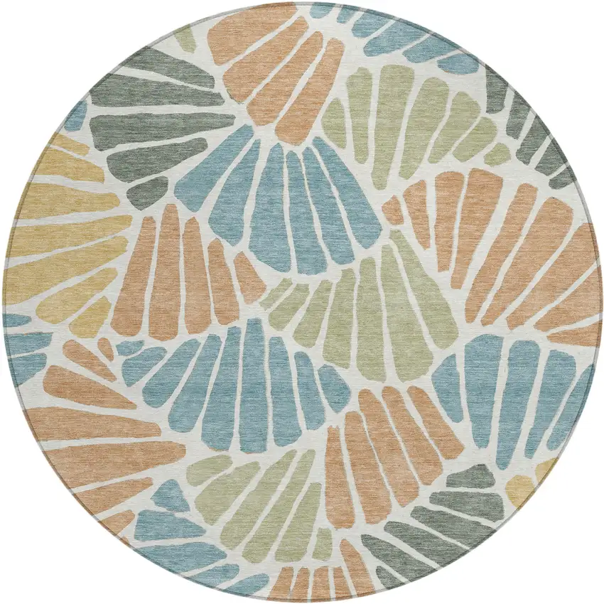 8' Pale Aqua Copper And Gold Round Floral Washable Indoor Outdoor Area Rug Photo 1