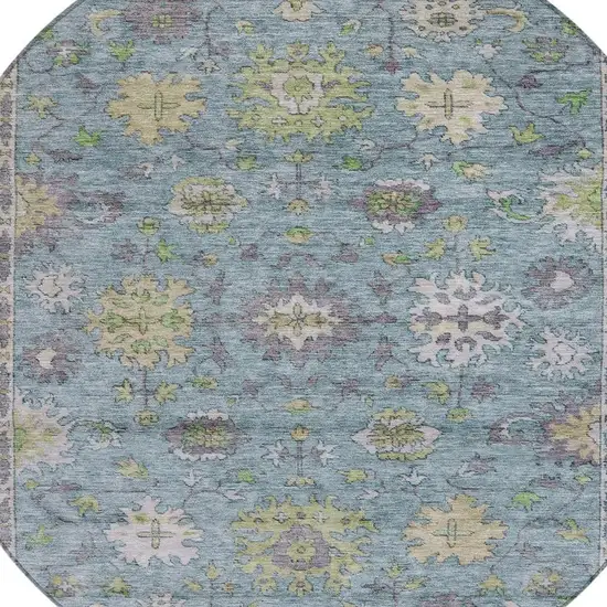 8' Pale Aqua Gold And Gray Round Floral Washable Indoor Outdoor Area Rug Photo 4