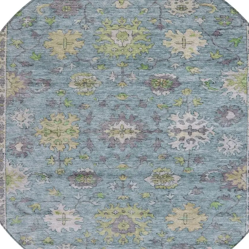 8' Pale Aqua Gold And Gray Round Floral Washable Indoor Outdoor Area Rug Photo 4