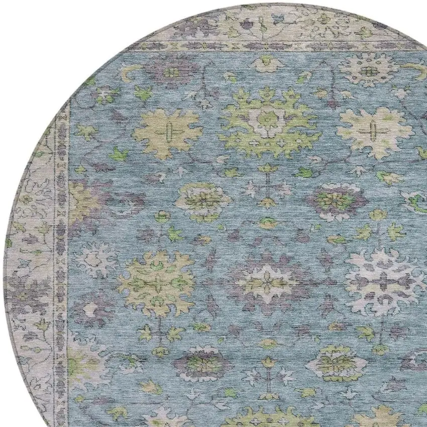 8' Pale Aqua Gold And Gray Round Floral Washable Indoor Outdoor Area Rug Photo 9