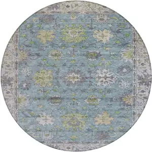 Photo of 8' Pale Aqua Gold And Gray Round Floral Washable Indoor Outdoor Area Rug