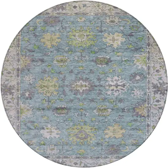 8' Pale Aqua Gold And Gray Round Floral Washable Indoor Outdoor Area Rug Photo 1