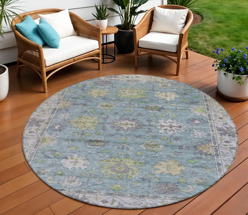 8' Pale Aqua Gold And Gray Round Floral Washable Indoor Outdoor Area Rug Photo 2
