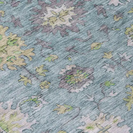 8' Pale Aqua Gold And Gray Round Floral Washable Indoor Outdoor Area Rug Photo 8