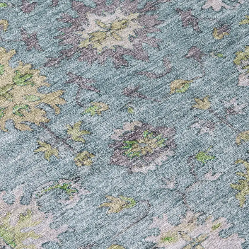 8' Pale Aqua Gold And Gray Round Floral Washable Indoor Outdoor Area Rug Photo 8